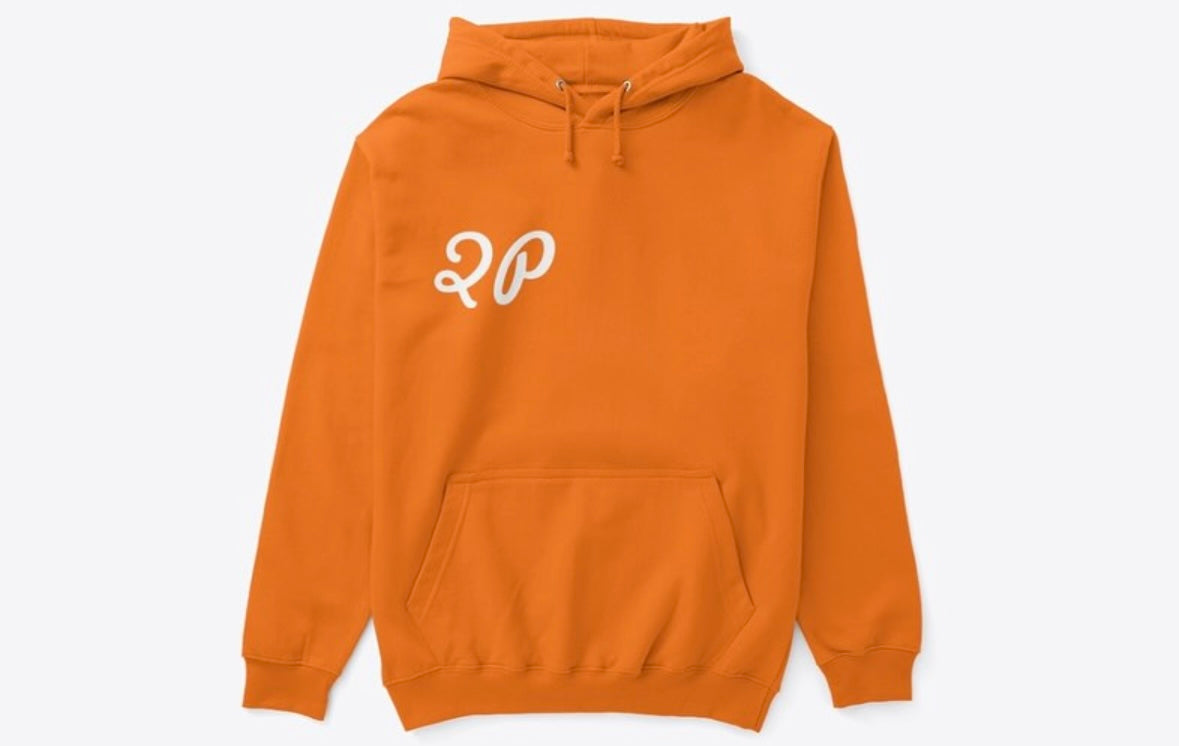 H/L Hoodie by QP Crane: Orange Pullover Hoodie with "QP" Logo. Cozy Streetwear Fashion.