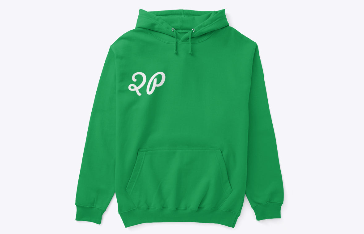 Green Hoodie with White 2P Logo - QP Crane Apparel - Casual Streetwear Fashion Pullover