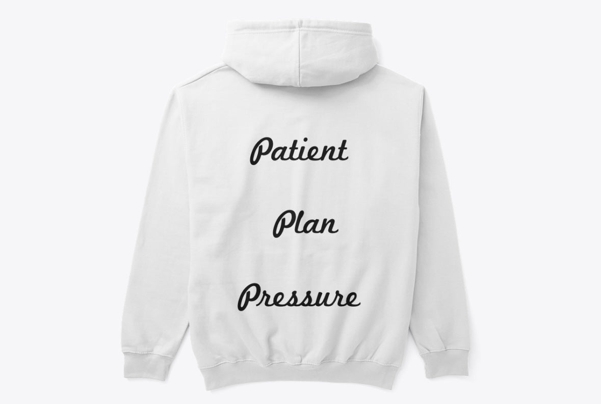 QP Crane White Hoodie: Patient, Plan, Pressure. Stylish pullover sweatshirt with a meaningful message. Shop now!