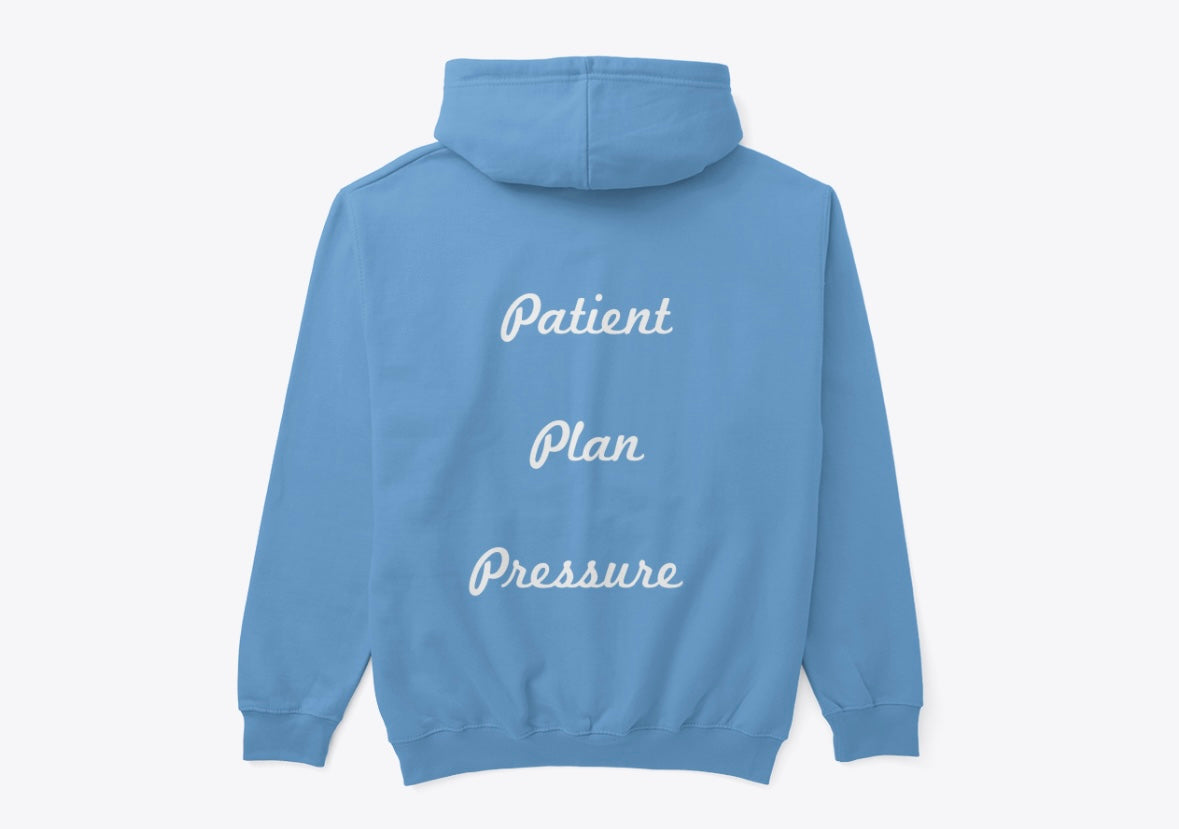 Blue Hoodie with "Patient Plan Pressure" Text Print on Back | Relaxed Fit Sweatshirt