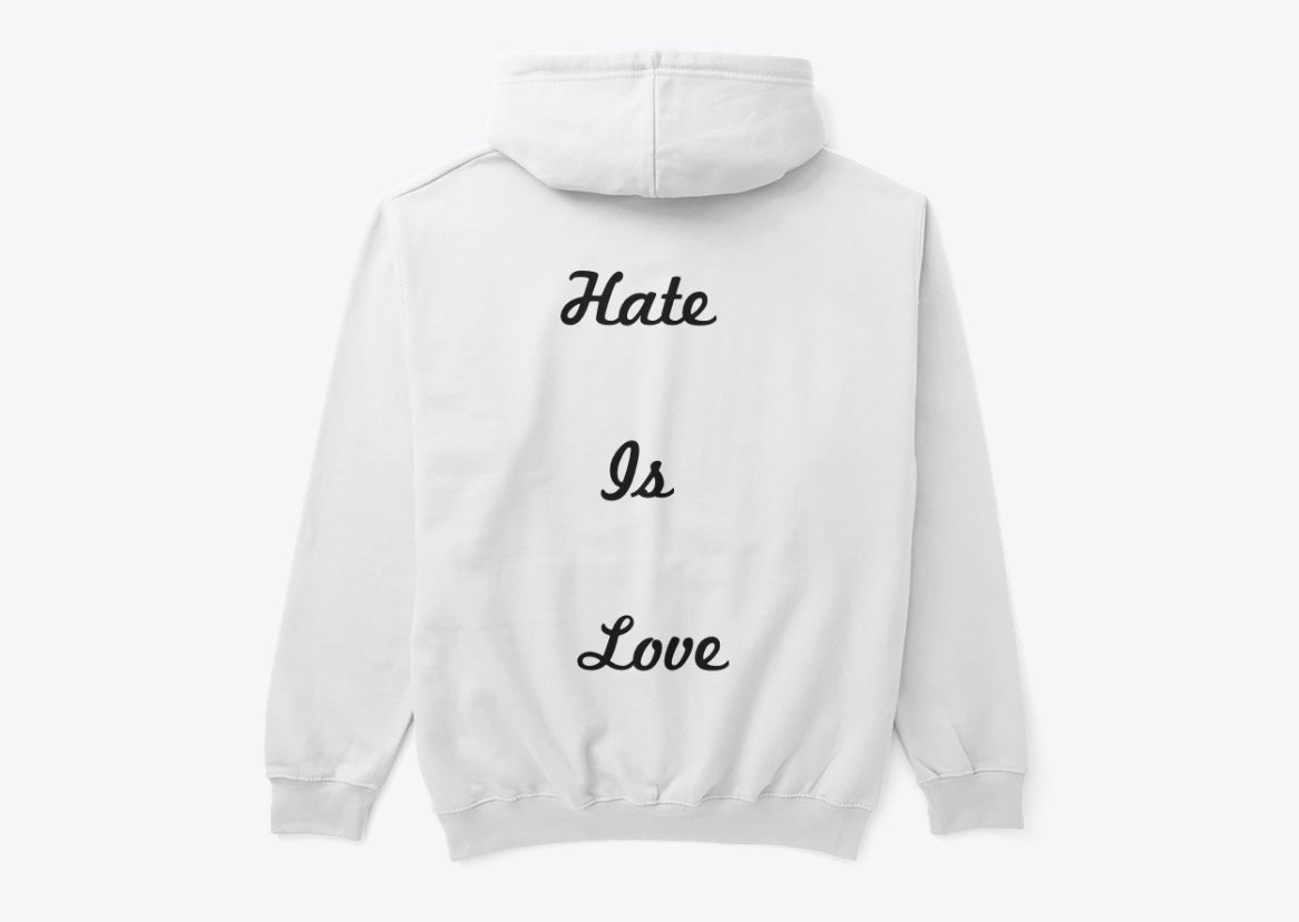 H/L Hoodies from QP Crane: White hoodie with "Hate is Love" slogan on the back.